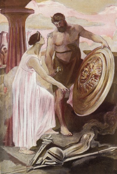 El escudo de Aquiles creado por Vulcano. Ilustración de Clement Gontier (1876-1918) para "La Ilíada" (Omero) de Homere. París, Henri Laurens de Clement Gontier