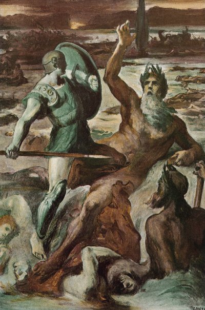 La lucha de Aquiles y el río Escamandro. Ilustración de Clement Gontier (1876-1918) para "La Ilíada" (Omero) de Homere. París, Henri Laurens de Clement Gontier