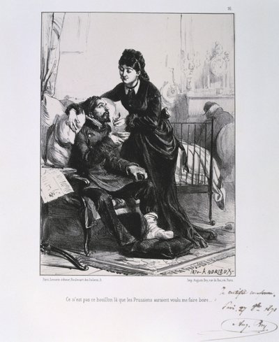 Guerra Franco-Prusiana 1870-1871: Un soldado herido siendo atendido y alimentado. De una serie de litografías de Clément Auguste Andrieux sobre las Guardias Nacionales. de Clément Auguste Andrieux