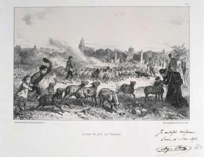 Guerra Franco-Prusiana 1870-1871: Ahuyentando un rebaño de ovejas para evitar que caigan en manos de los prusianos. De una serie de litografías de Clement August Andrieux sobre los Guardias Nacionales. de Clément Auguste Andrieux