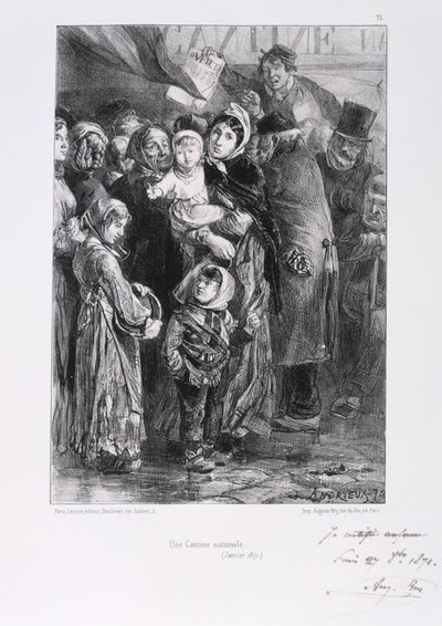 Guerra Franco-Prusiana 1870-1871. Sitio de París 19 Sept 1870-28 Ene 1871. Una cocina de sopa nacional en París, enero de 1871. De una serie de litografías de Clement August Andrieux sobre los Guardias Nacionales. Escasez de alimentos Hambre de Clément Auguste Andrieux