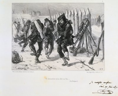 Guerra Franco-Prusiana 1870-1871. Sitio de París 19 de septiembre de 1870-28 de enero de 1871. Soldados en las murallas saltando para mantenerse calientes. De una serie de litografías de Clément Auguste Andrieux sobre las Guardias Nacionales. de Clément Auguste Andrieux