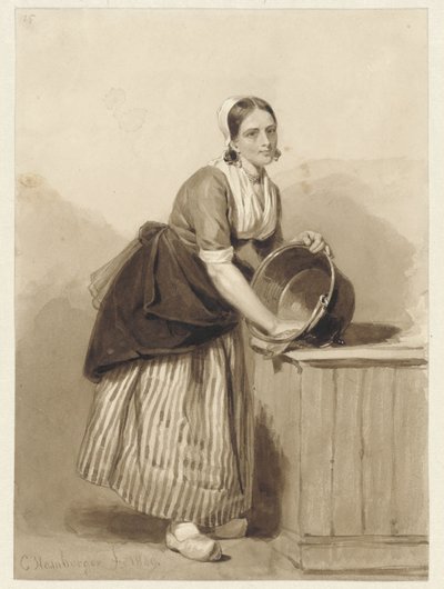 Mujer joven, limpiando una vasija de cobre de Coenraad Hamburger