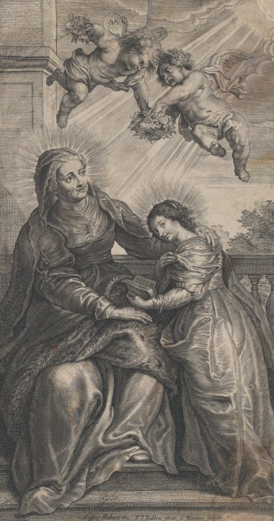 La educación de la Virgen, con Santa Ana y la Virgen María leyendo con dos p..., ca. 1700-24 de Coenrad Waumans