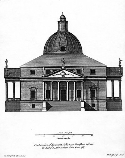 Elevación del Castillo de Mereworth, grabado por H. Hulsbergh, c.1722-24 de Colen Campbell