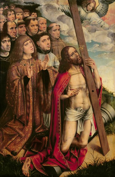 Cristo el Mediador con Felipe el Hermoso (1478-1506) y su séquito, panel izquierdo de un retablo de Colijn de Coter