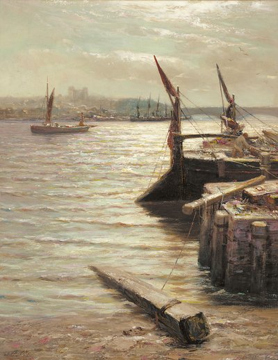 Barcazas amarradas en la orilla del río de Colin Hunter