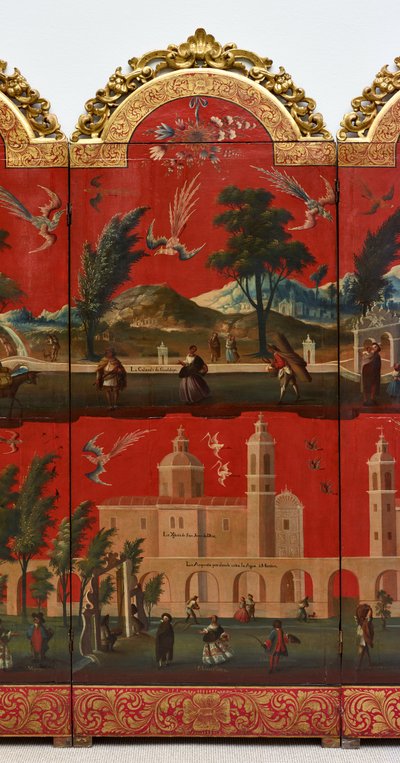 Biombo con vistas de Ciudad de México (óleo sobre panel lacado en maki-e rojo, con monturas de madera dorada y soporte de lino) de Colonial Spanish