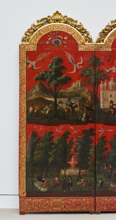 Biombo con vistas de Ciudad de México (óleo sobre panel lacado en maki-e rojo, con monturas de madera dorada y soporte de lino) de Colonial Spanish