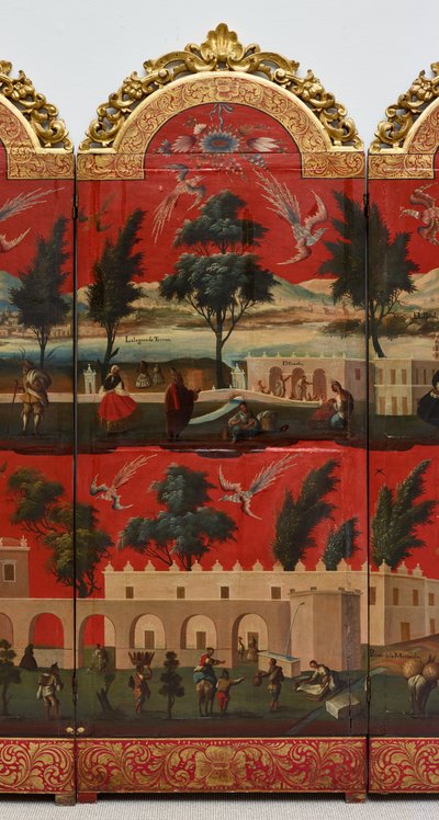 Biombo con vistas de Ciudad de México (óleo sobre panel lacado en maki-e rojo, con monturas de madera dorada y soporte de lino) de Colonial Spanish