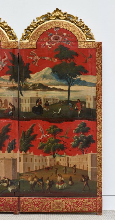 Biombo con vistas de Ciudad de México (óleo sobre panel lacado en maki-e rojo, con monturas de madera dorada y soporte de lino) de Colonial Spanish