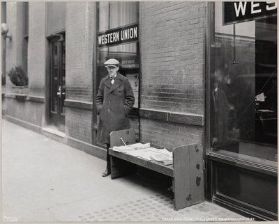 El vendedor de noticias ciego, Frederick Rode, y la esquina sureste de Broadway y la Calle 41 de Company Byron