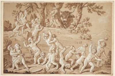 Un gran grupo de putti aterrorizados por la llegada de un toro de Conrad Martin Metz