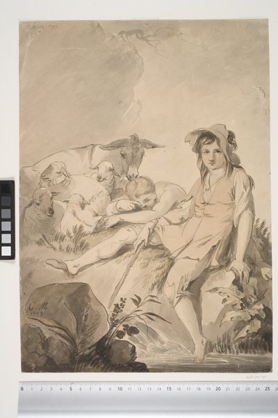 Escena pastoral con dos niños y animales de Conrad Martin Metz