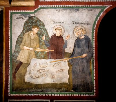 El milagro del godo San Benito de Nursia, acompañado por San Mauro su primer discípulo, conoció a un campesino godo y milagrosamente reparó su hoz. Fresco del Maestro Consolo (siglo XIII) Iglesia Inferior. Monasterio de San Benedetto (Sacro Speco), Subiaco de Consolo 