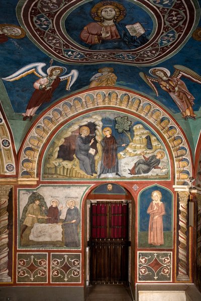 Diferentes episodios de la vida de San Benito: en el centro El milagro de San Plácido San Benito de Nursia, gracias a la intervención de San Mauro su primer discípulo, salva al joven Plácido atrapado en la corriente de un lago. Abajo está el milagro de Consolo