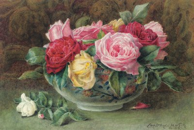 Naturaleza muerta con un cuenco de rosas rosas, amarillas y rojas, 1883 de Constance Lawson