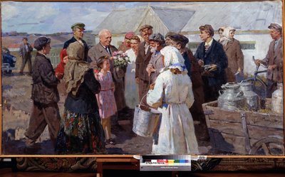 Visita del primer ministro N. Khrushchev a la región de Stavropol, a finales de los años 50 (óleo sobre lienzo) de Constance Walton
