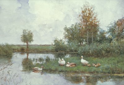 Patos en un paisaje fluvial (óleo sobre lienzo) de Constant Artz