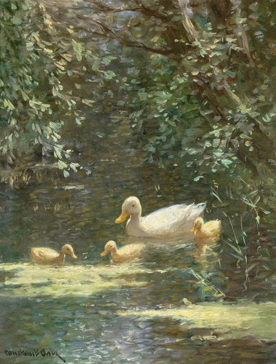 Madre pato con patitos en el agua (óleo sobre lienzo)e de Constant Artz