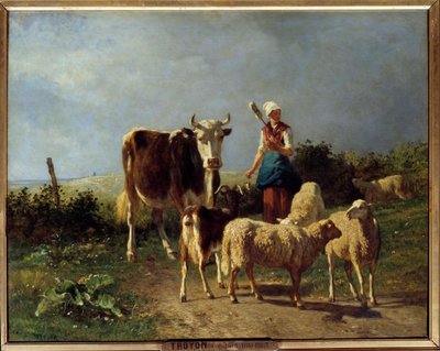 Un pastor con una vaca y ovejas de Constant Emile Troyon