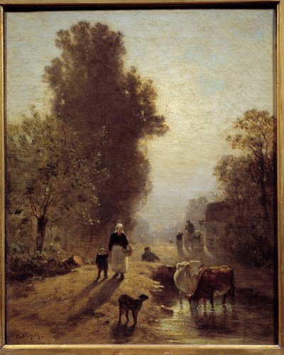 Por la mañana: familias campesinas y ganado en la niebla del amanecer de Constant Emile Troyon