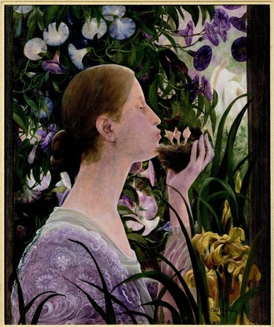 El nido. Mujer joven de perfil, en un jardín de flores, sosteniendo un nido en la mano y besando a las crías. Pintura de Constant Montaid (1862-1944), óleo sobre lienzo de Constant Montald