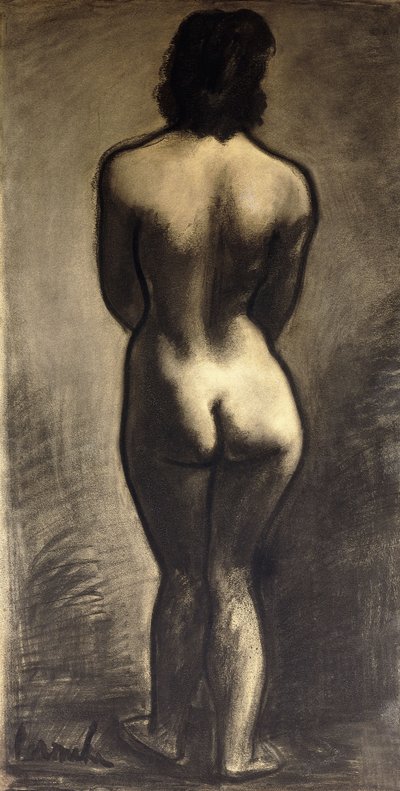 Standing Nude; Nu Debout - Stand Naakt, c. 1930 (tiza negra y aguada negra sobre papel) de Constant Permeke