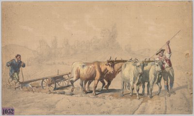 Cuatro bueyes tirando de un arado, 1853 de Constant Troyon