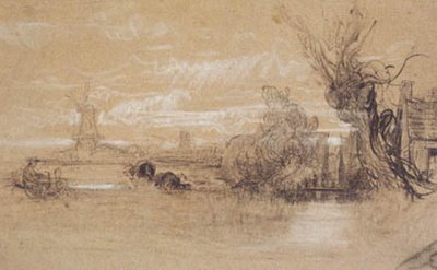 Paisaje con vacas, una granja y molinos de Constant Troyon