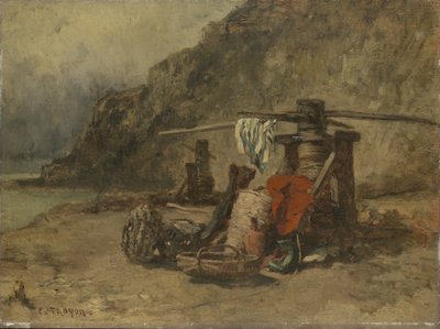 Escena de playa con puestos de capa de Constant Troyon