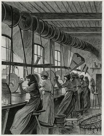 Un taller de mujeres en la cristalería de Val Saint Lambert. Grabado de C.Meunier para ilustrar la historia “La Belgique”, de Camille Lemonnier (1844-1913), escritor y crítico de arte. de Constantin Emile Meunier