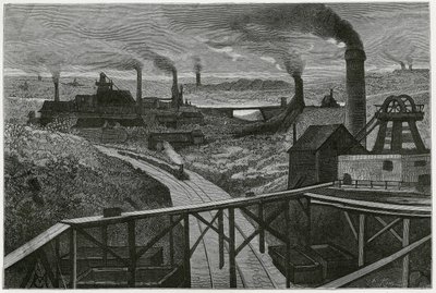 Minería de carbón y terriles (aspectos de la región boraine). Grabado por Constant Meunier, para ilustrar la historia "Bélgica", por Camille Lemonnier (1844-1913) escritor belga. Publicado en Le Tour du monde, nuevo diario de viajes, 2º semestre 1884 de Constantin Emile Meunier