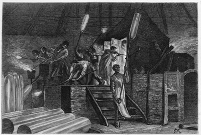 Dentro de una cristalería, en Lodelinsart (o Lodlinsat, en la ciudad de Charleroi). Grabado por Constant Meunier, para ilustrar la historia "Bélgica", por Camille Lemonnier (1844-1913) escritor belga. Publicado en Le Tour du monde, nuevo diario de viajes,  de Constantin Emile Meunier