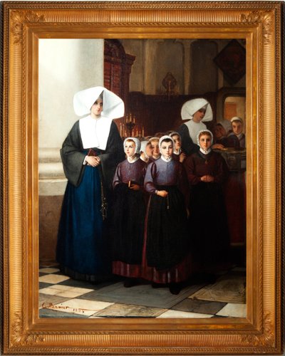 Pintura. Firmado y fechado: Constant Meunier 1864. Los huérfanos. Óleo sobre lienzo. Detalle. de Constantin Emile Meunier