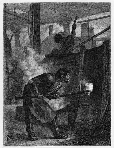 Puddleur en su horno (trabajador del acero responsable de remover el hierro para convertirlo en hierro quemando carbono), en una fábrica en Jumet (o Djumet, en la ciudad de Charleroi). Grabado de Constant Meunier, para ilustrar la historia “Belgium”, de Ca de Constantin Emile Meunier