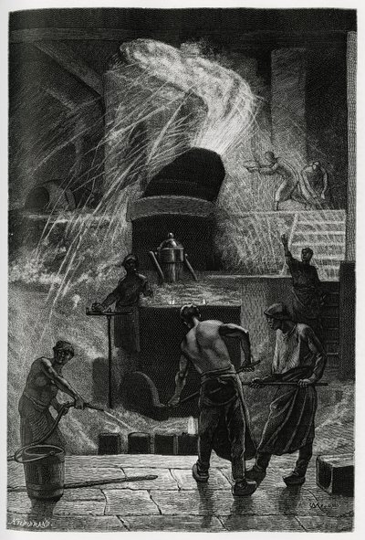 La fundición de acero en los establecimientos Cockerill en Seraing. Grabado de C.Meunier para ilustrar la historia “La Belgique”, de Camille Lemonnier (1844-1913), escritor y crítico de arte. de Constantin Emile Meunier