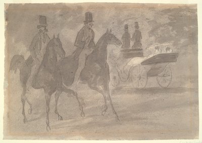 Carruajes tirados por caballos montando en un parque de Constantin Guys