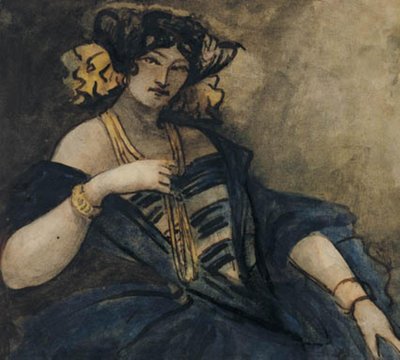 Mujer sentada, elegantemente vestida, medio cuerpo de Constantin Guys