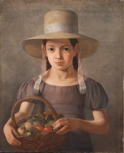 Una niña con frutas en una cesta de Constantin Hansen