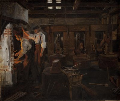El interior del viejo molino de martillos en Hellebæk de Constantin Hansen