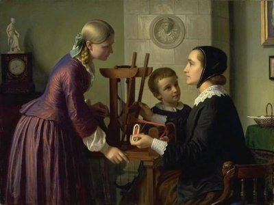 Una ama de casa en su telar hablando con dos niños de Constantin Hansen
