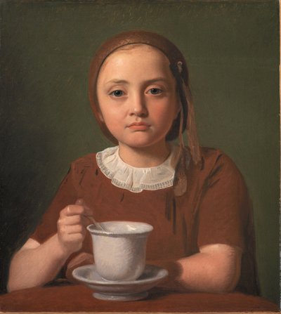 Retrato de una niña pequeña, Elise Købke, con una taza frente a ella de Constantin Hansen