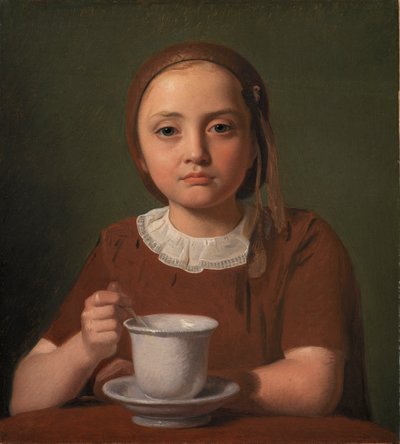 Retrato de una niña pequeña, Elise Købke, con una taza frente a ella, 1850 de Constantin Hansen