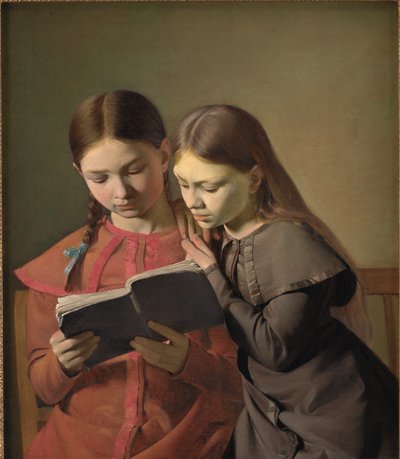 Las hermanas del artista Signe y Henriette leyendo un libro de Constantin Hansen