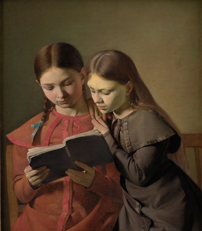Las hermanas del artista Signe y Henriette leyendo un libro, 1826 de Constantin Hansen