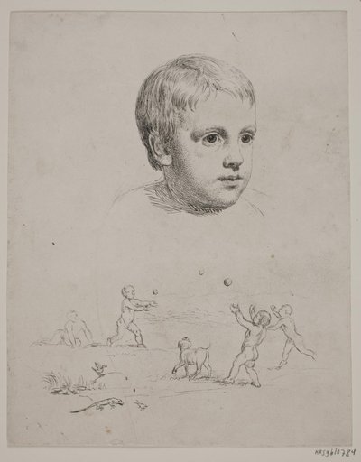 Arriba retrato de T. N. Thiele de niño, abajo cuatro niños jugando a la pelota de Constantin Hansen