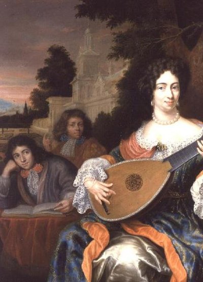 Una mujer tocando un laúd, con sus dos hijos detrás de Constantin Netscher