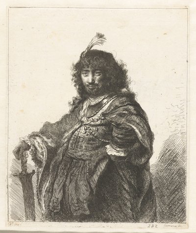 Autorretrato (?) con gorro emplumado y sable bajado de Constantino Cumano