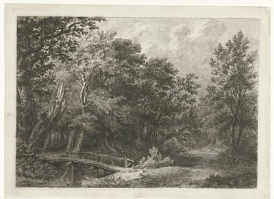 Vista al bosque con puente de madera de Constantinus Cornelis Huysmans
